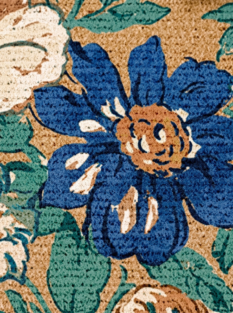Washable blue floral coir-style doormat for front entrance