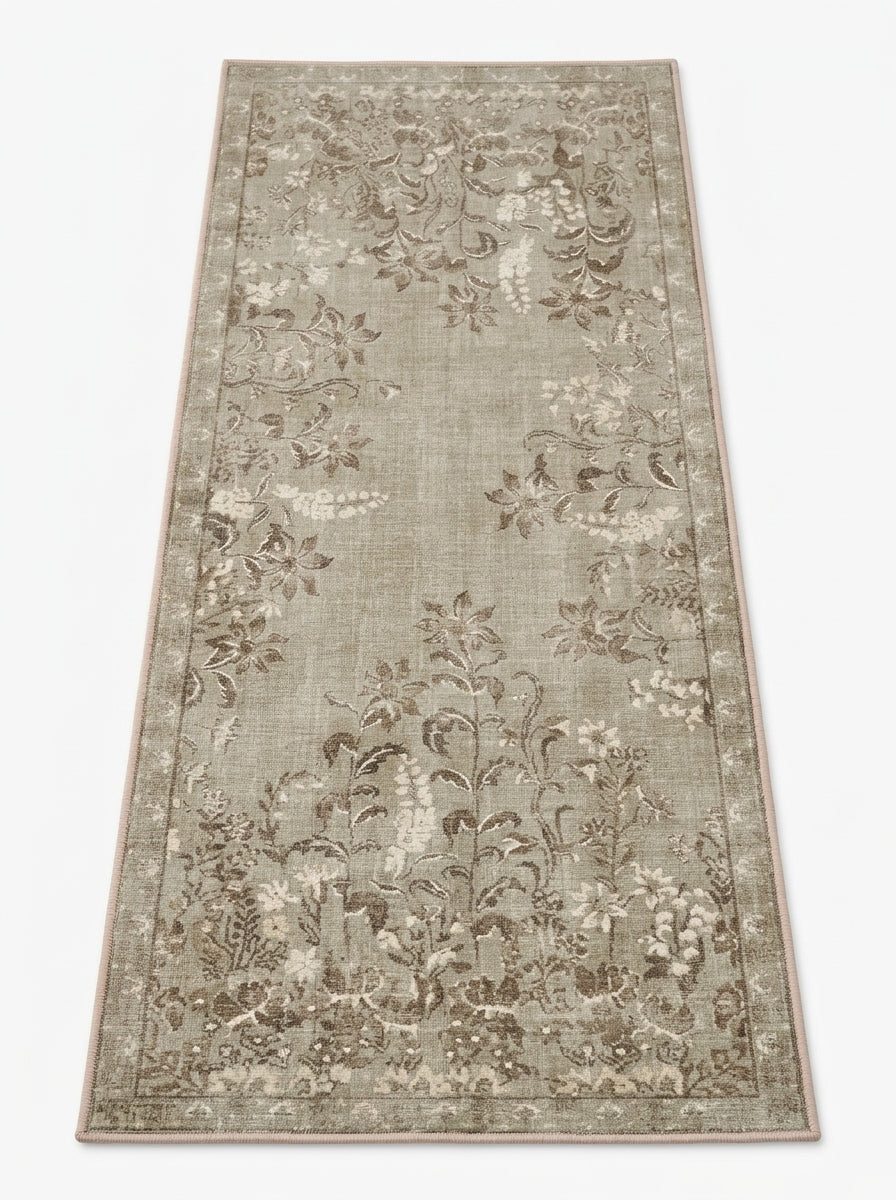 Machine washable botanical area rug in warm natural tones