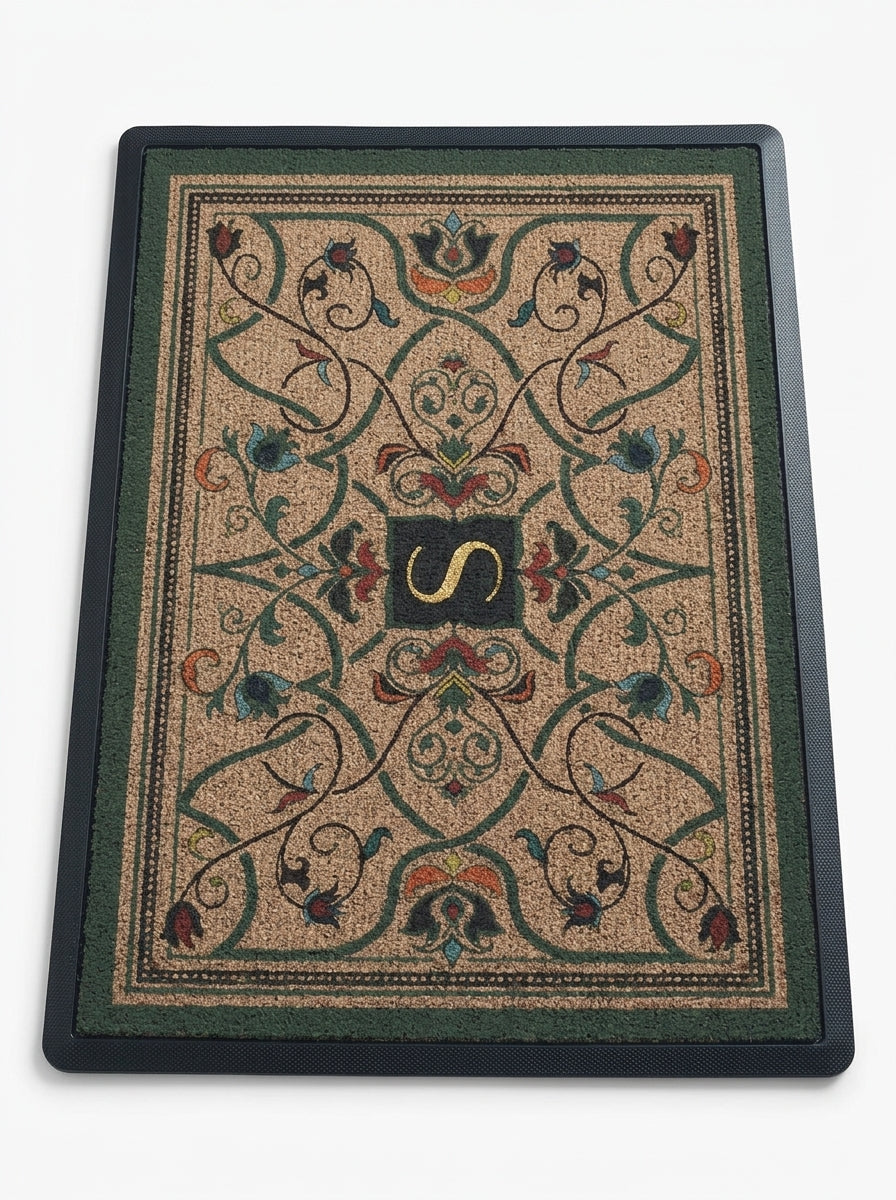 Botanical Monogram Welcome Door Mat with elegant floral border