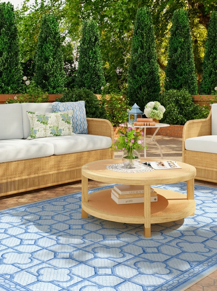 Azure Bamboo Garden Outdoor Rug with elegant blue bamboo design