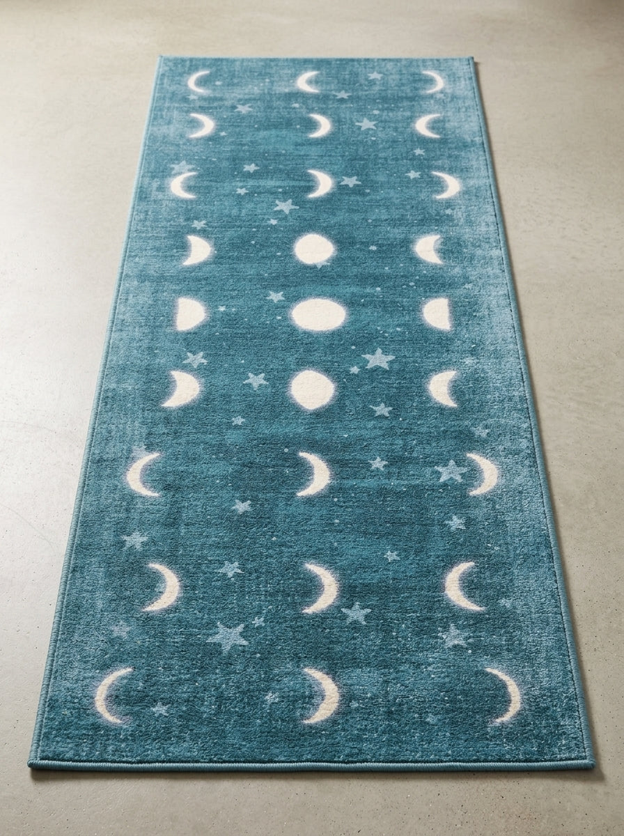 Celestial Moon Phases Washable Area Rug with teal cosmic design