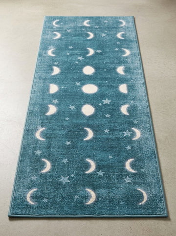 Celestial Moon Phases Washable Area Rug with teal cosmic design