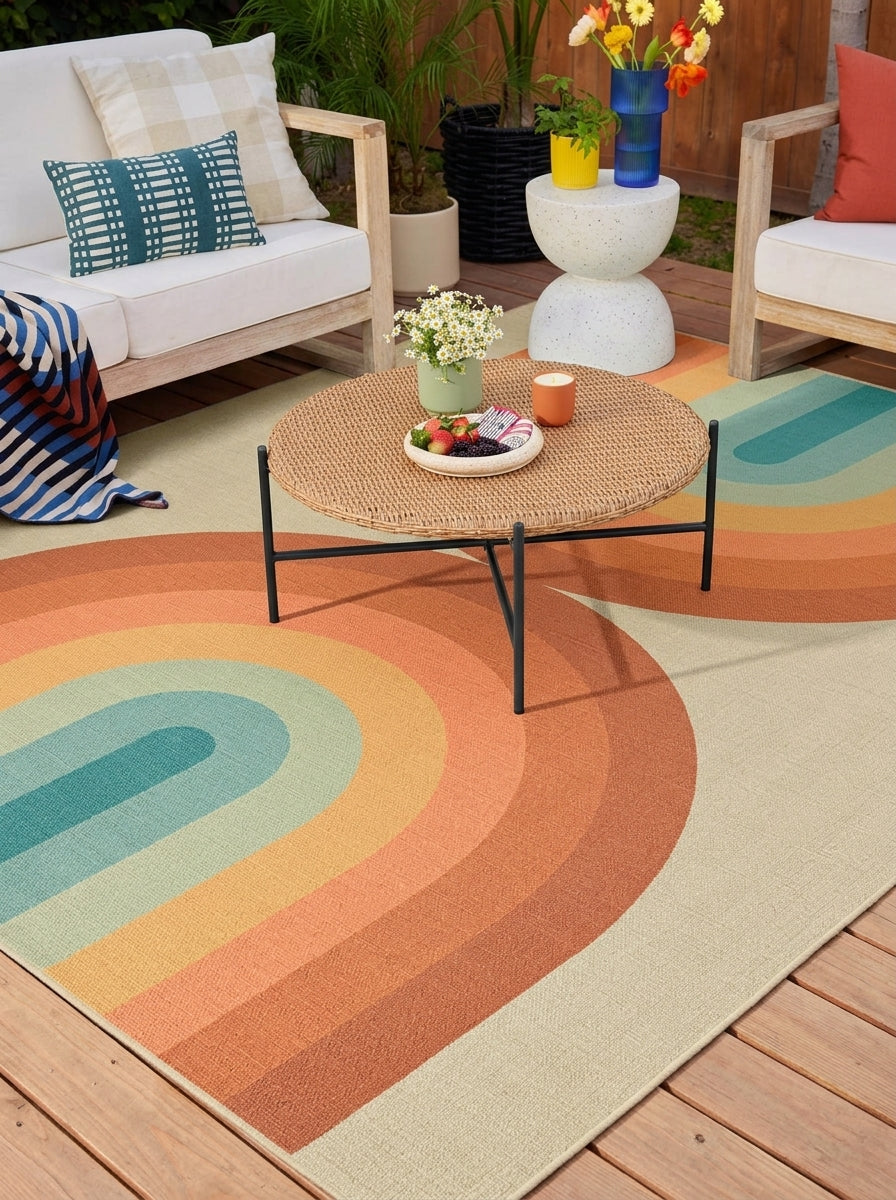 Washable outdoor rug featuring vibrant retro rainbow design