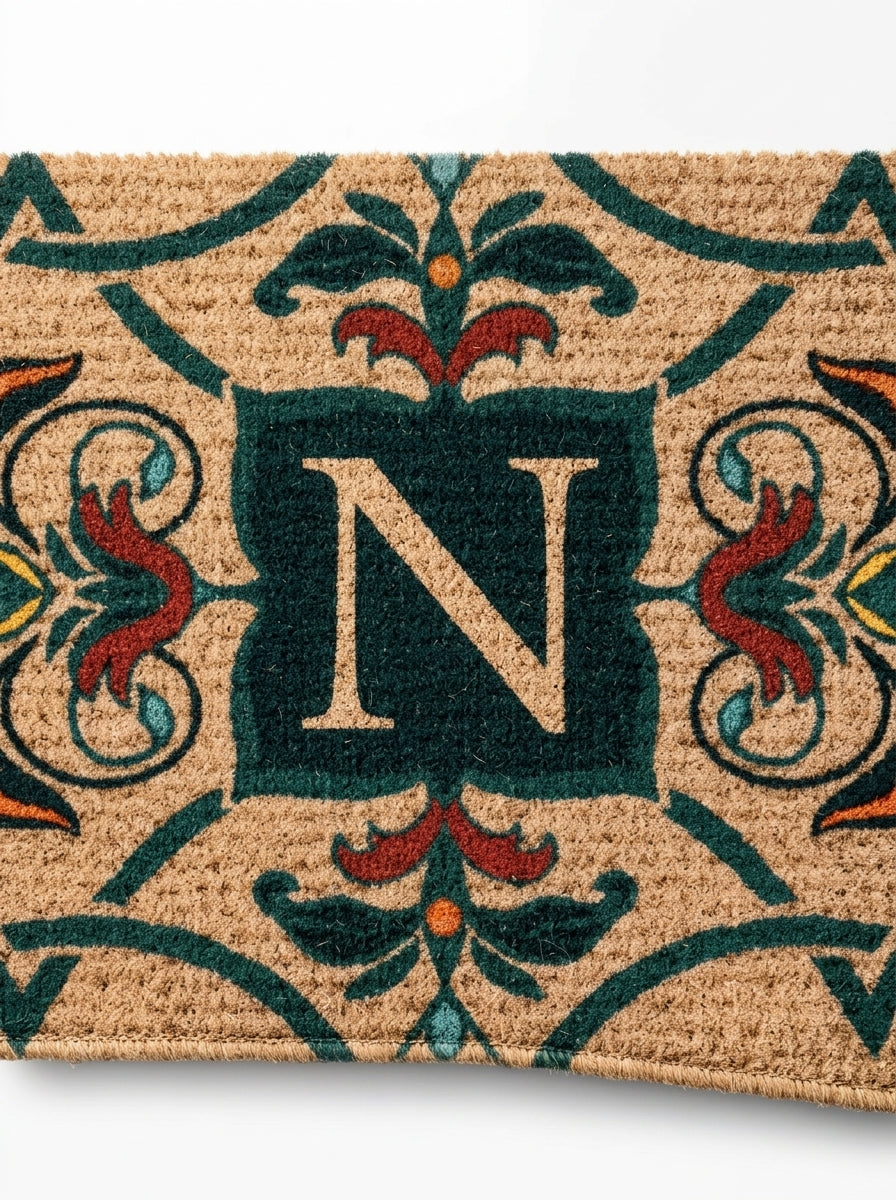 Botanical Monogram Welcome Door Mat with elegant floral border