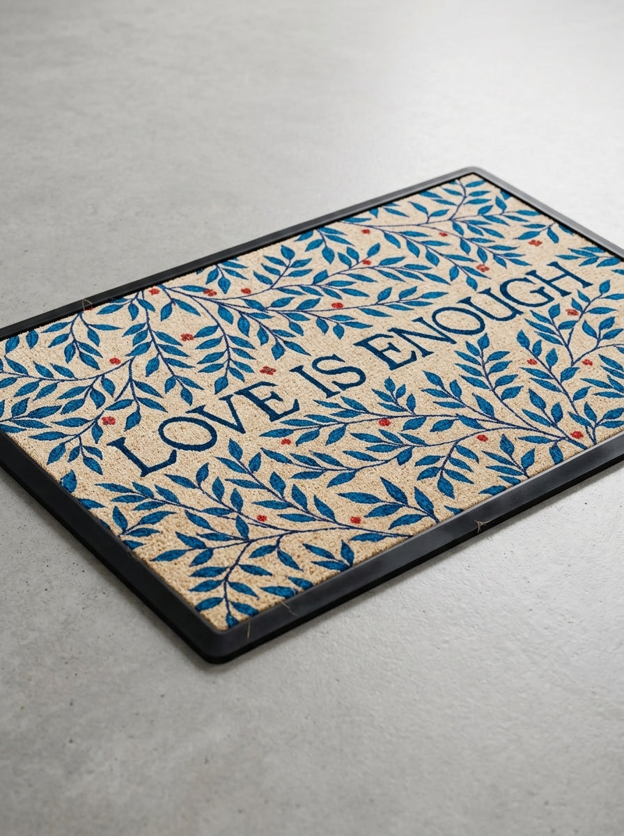 Everlasting Love Botanical Welcome Doormat with elegant indigo leaf pattern