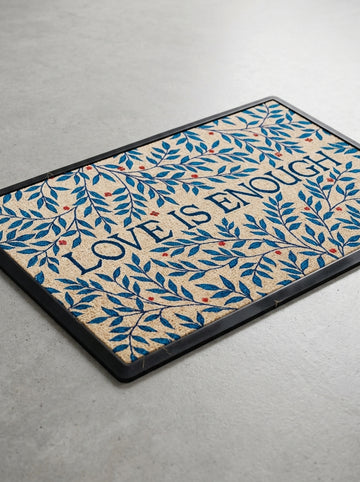 Everlasting Love Botanical Welcome Doormat with elegant indigo leaf pattern