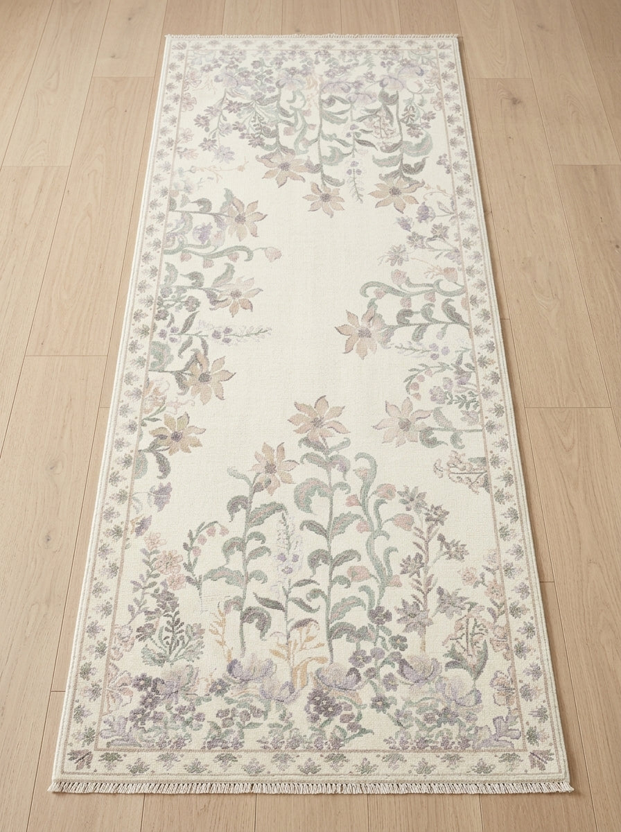 Ivory Meadow Bloom Washable Area Rug with elegant botanical flowers