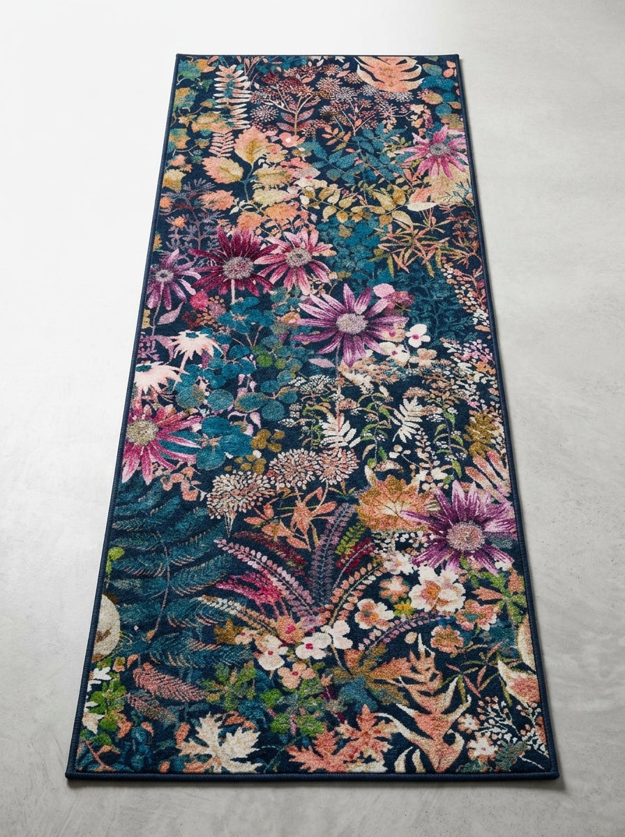Midnight Garden Bloom Washable Area Rug with vibrant floral artwork