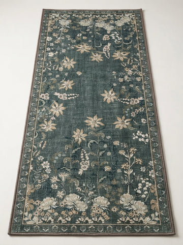 Midnight Wildflower Washable Area Rug with elegant charcoal floral pattern