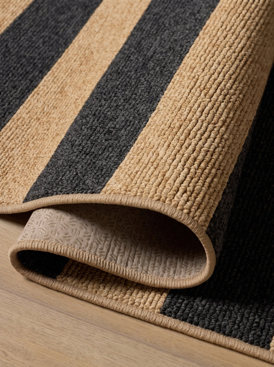 Coastal Harbor Stripe Performance Rug with bold black and natural stripes