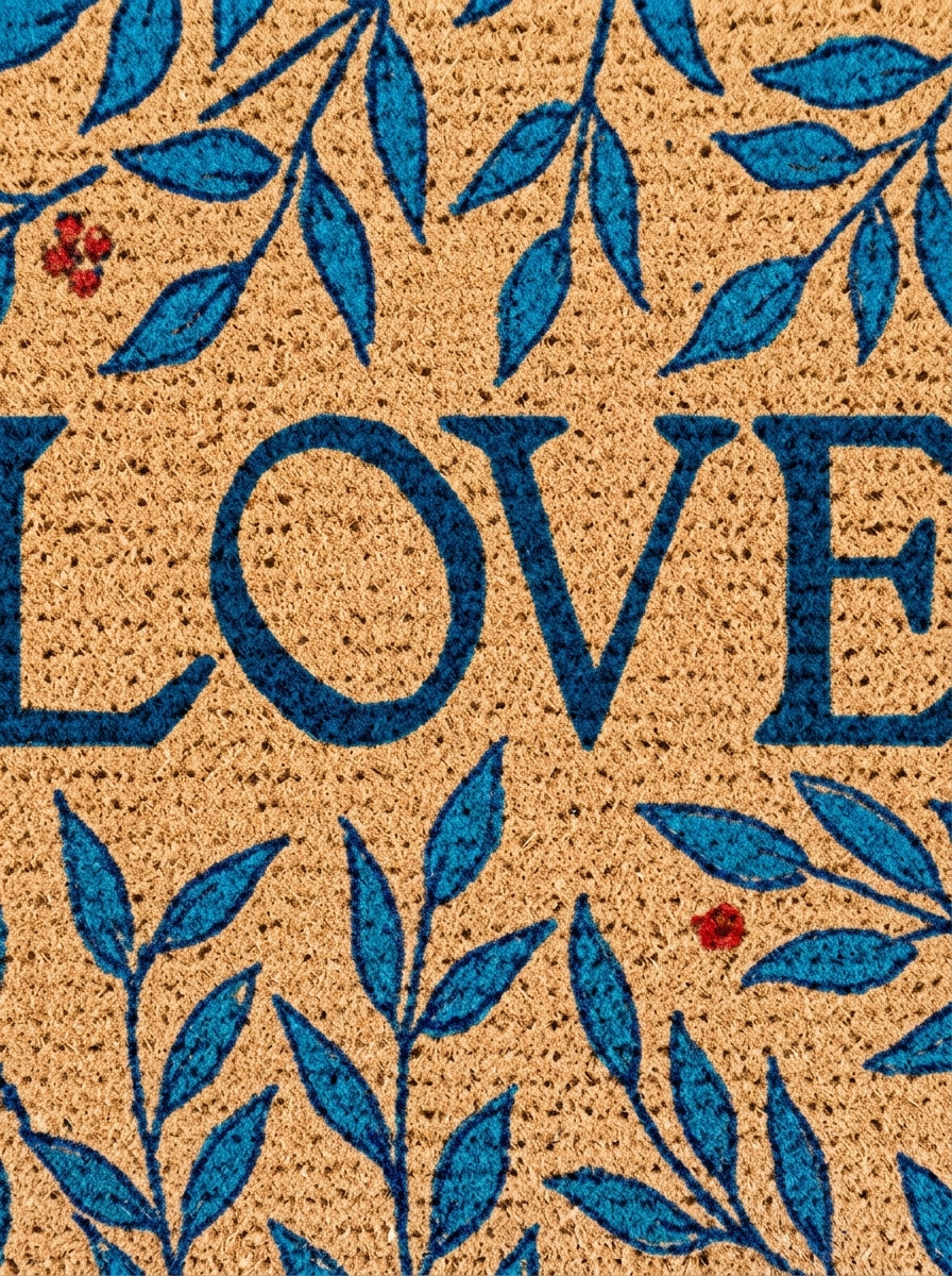 Everlasting Love Botanical Welcome Doormat with elegant indigo leaf pattern