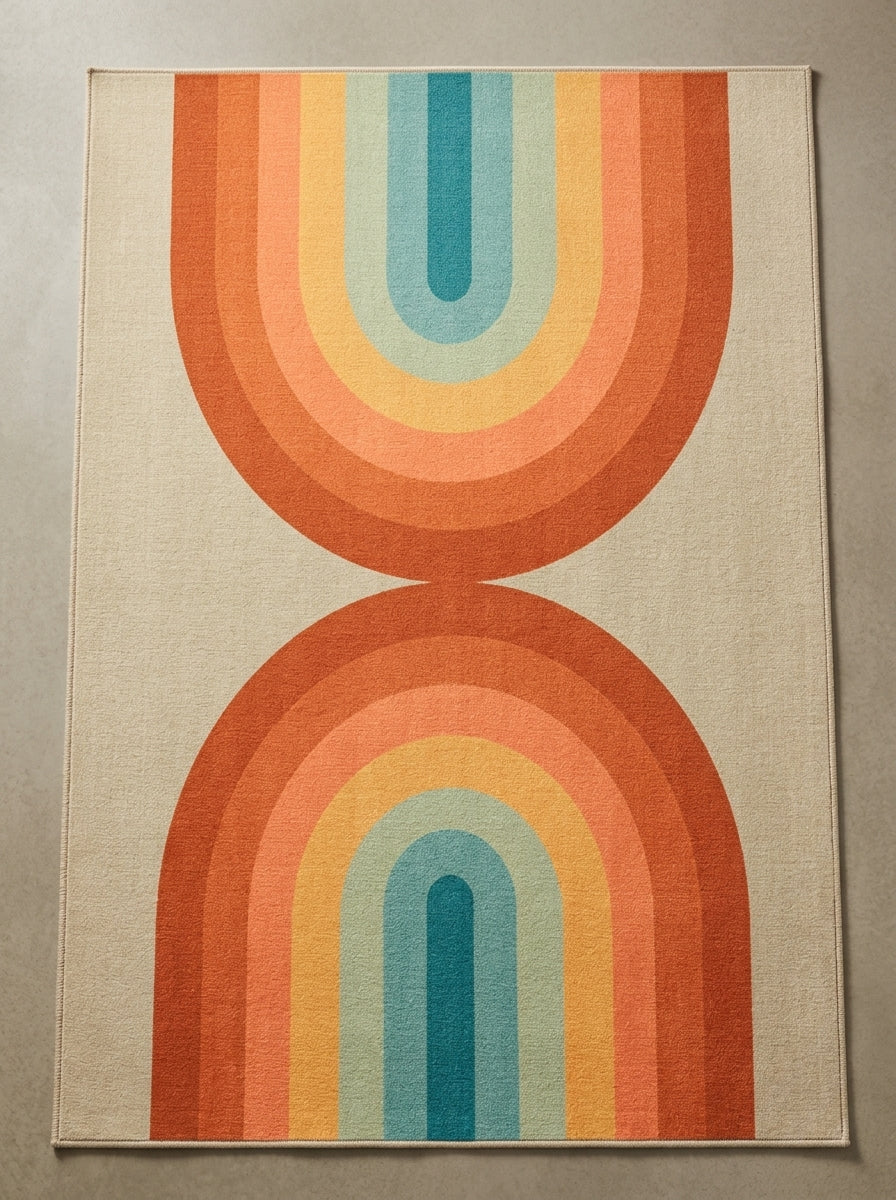 Retro Spectrum Outdoor Area Rug with colorful geometric arch pattern