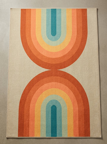 Retro Spectrum Outdoor Area Rug with colorful geometric arch pattern