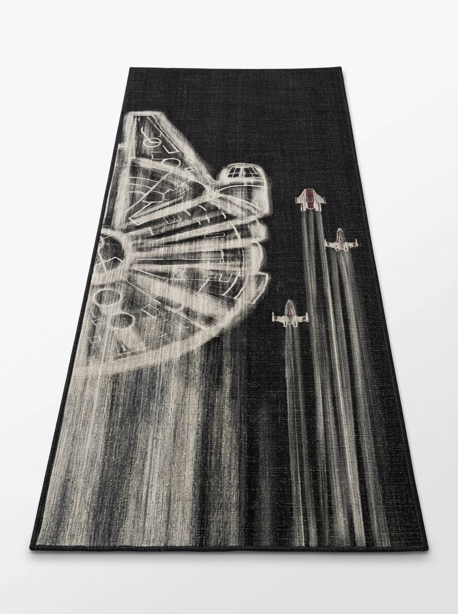 Washable tufted rug featuring futuristic space artwork